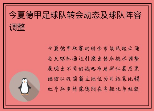 今夏德甲足球队转会动态及球队阵容调整