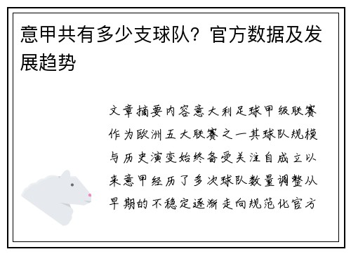 意甲共有多少支球队？官方数据及发展趋势